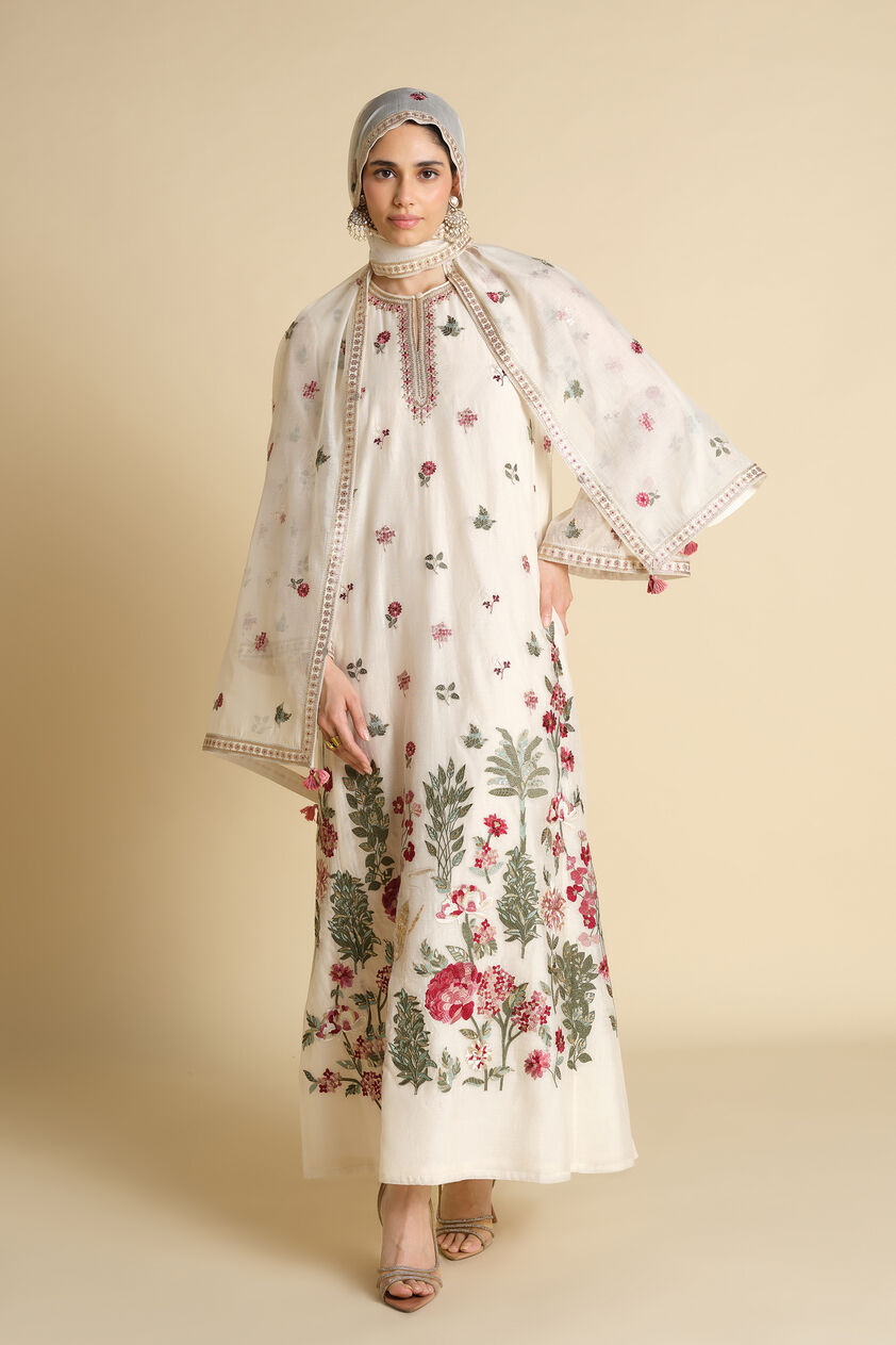 Marzun Embroidered Mul Stole - Ivory, Ivory, image 3